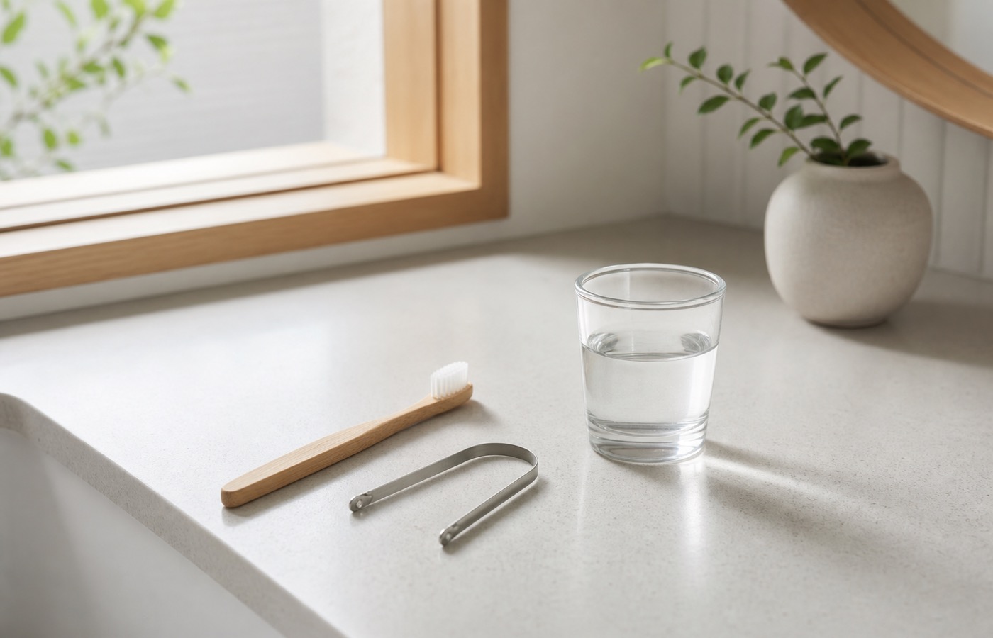 外出前に洗面台で歯を磨き、身だしなみを整える男性