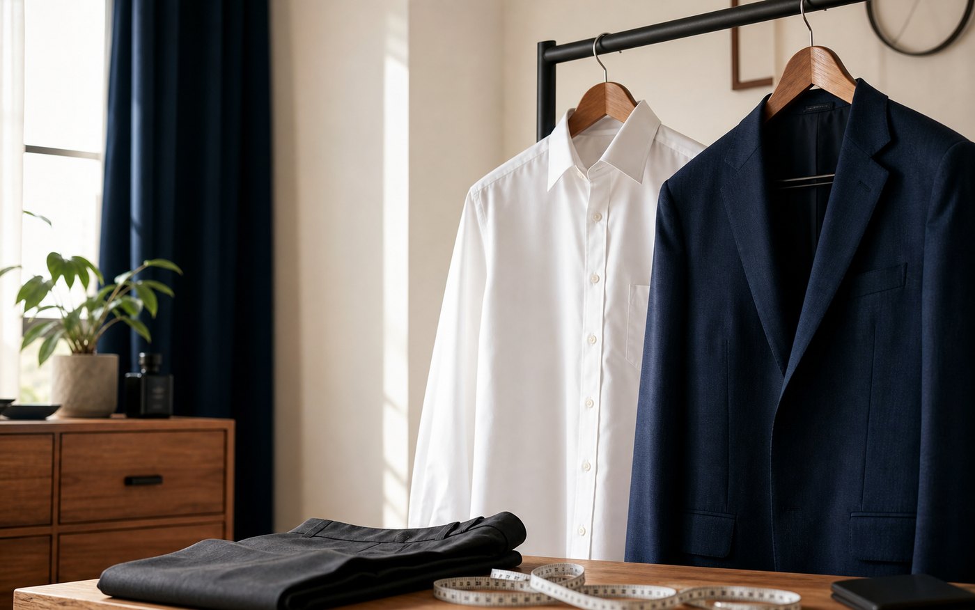 クローゼットの前でベースカラーの服を選ぶ男性