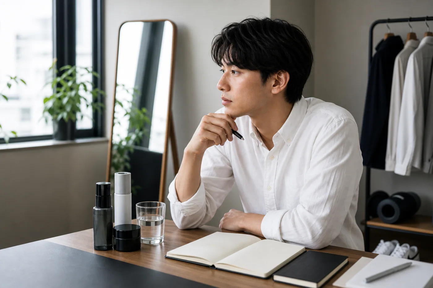 鏡とノートを使い、服装や身だしなみを順番に見直す男性